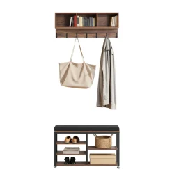 VEVOR Coat Rack with Shoe Bench, 3-in-1 Shoe Coat Rack Combo Set with Hooks and Bookshelf, Steel Frame Hall Tree Entrance Storage Organizer Holder for Entry, Bedroom, Closet, Office, Rustic Brown