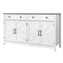 VEVOR Coffee Bar Cabinet, Farmhouse Coffee Bar Table with 2 Drawers, Buffet Stand Cabinet with 4 Barn Doors, Sideboard Buffet Station for Living Room, Entryway, Kitchen, 55.1 x 15.5 x 31.5 in, White