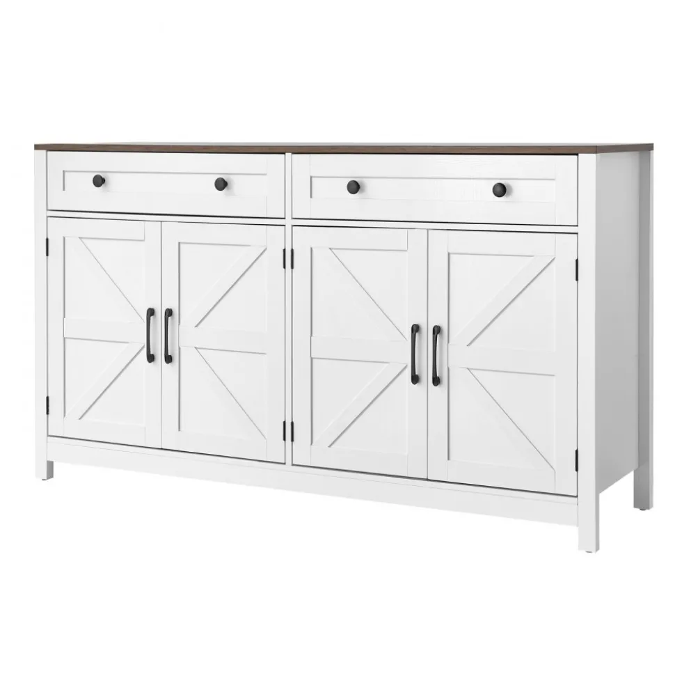 VEVOR Coffee Bar Cabinet, Farmhouse Coffee Bar Table with 2 Drawers, Buffet Stand Cabinet with 4 Barn Doors, Sideboard Buffet Station for Living Room, Entryway, Kitchen, 55.1 x 15.5 x 31.5 in, White