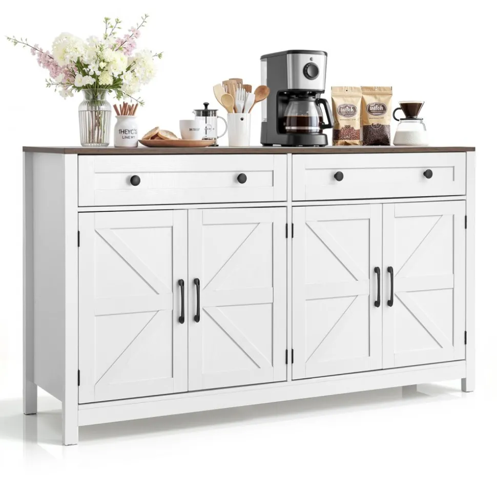 VEVOR Coffee Bar Cabinet, Farmhouse Coffee Bar Table with 2 Drawers, Buffet Stand Cabinet with 4 Barn Doors, Sideboard Buffet Station for Living Room, Entryway, Kitchen, 55.1 x 15.5 x 31.5 in, White