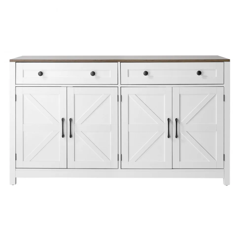 VEVOR Coffee Bar Cabinet, Farmhouse Coffee Bar Table with 2 Drawers, Buffet Stand Cabinet with 4 Barn Doors, Sideboard Buffet Station for Living Room, Entryway, Kitchen, 55.1 x 15.5 x 31.5 in, White
