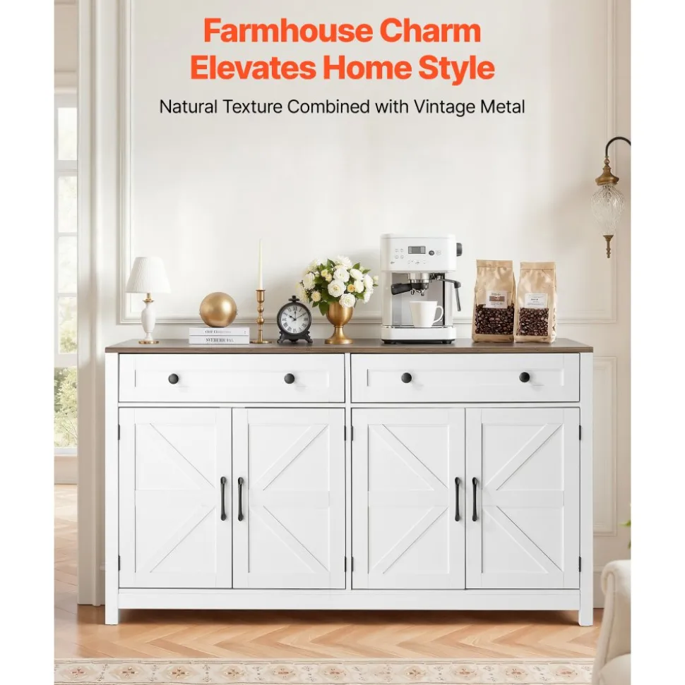 VEVOR Coffee Bar Cabinet, Farmhouse Coffee Bar Table with 2 Drawers, Buffet Stand Cabinet with 4 Barn Doors, Sideboard Buffet Station for Living Room, Entryway, Kitchen, 55.1 x 15.5 x 31.5 in, White