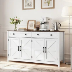 VEVOR Coffee Bar Cabinet, Farmhouse Coffee Bar Table with 2 Drawers, Buffet Stand Cabinet with 4 Barn Doors, Sideboard Buffet Station for Living Room, Entryway, Kitchen, 55.1 x 15.5 x 31.5 in, White