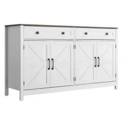 VEVOR Coffee Bar Cabinet, Farmhouse Coffee Bar Table with 2 Drawers, Buffet Stand Cabinet with 4 Barn Doors, Sideboard Buffet Station for Living Room, Entryway, Kitchen, 55.1 x 15.5 x 31.5 in, White