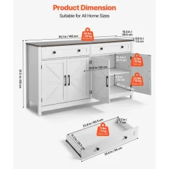 VEVOR Coffee Bar Cabinet, Farmhouse Coffee Bar Table with 2 Drawers, Buffet Stand Cabinet with 4 Barn Doors, Sideboard Buffet Station for Living Room, Entryway, Kitchen, 55.1 x 15.5 x 31.5 in, White