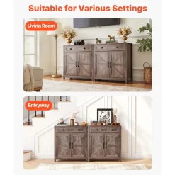 VEVOR Coffee Bar Cabinet, Farmhouse Coffee Bar Table with Drawer, Buffet Stand Cabinet with 2 Barn Doors, Sideboard Buffet Station for Living Room, Entryway, Kitchen, 29.5 x 14.7 x 31.5 in, Grey