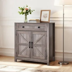 VEVOR Coffee Bar Cabinet, Farmhouse Coffee Bar Table with Drawer, Buffet Stand Cabinet with 2 Barn Doors, Sideboard Buffet Station for Living Room, Entryway, Kitchen, 29.5 x 14.7 x 31.5 in, Grey
