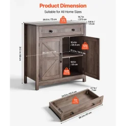 VEVOR Coffee Bar Cabinet, Farmhouse Coffee Bar Table with Drawer, Buffet Stand Cabinet with 2 Barn Doors, Sideboard Buffet Station for Living Room, Entryway, Kitchen, 29.5 x 14.7 x 31.5 in, Grey