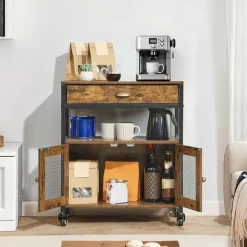 VEVOR Coffee Bar Cabinet, 24 Inch Farmhouse Coffee Bar Cabinet with Storage, Movable Coffee Bar Table with Wheels & Mesh Door, Sideboard Buffet Cabinet for Kitchen, Entryway