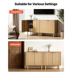 VEVOR Coffee Bar Cabinet, Mid Century Fluted Coffee Bar Table with 2-Tier Storage, Buffet Stand Cabinet with 2 Barn Door, Sideboard Buffet Station for Living Room, Entryway, 31.5 x 14.7 x 31.5 in, Oak