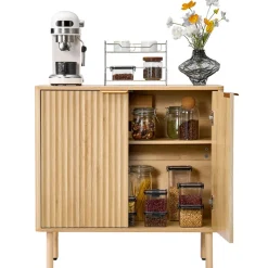 VEVOR Coffee Bar Cabinet, Mid Century Fluted Coffee Bar Table with 2-Tier Storage, Buffet Stand Cabinet with 2 Barn Door, Sideboard Buffet Station for Living Room, Entryway, 31.5 x 14.7 x 31.5 in, Oak