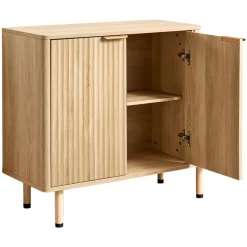 VEVOR Coffee Bar Cabinet, Mid Century Fluted Coffee Bar Table with 2-Tier Storage, Buffet Stand Cabinet with 2 Barn Door, Sideboard Buffet Station for Living Room, Entryway, 31.5 x 14.7 x 31.5 in, Oak