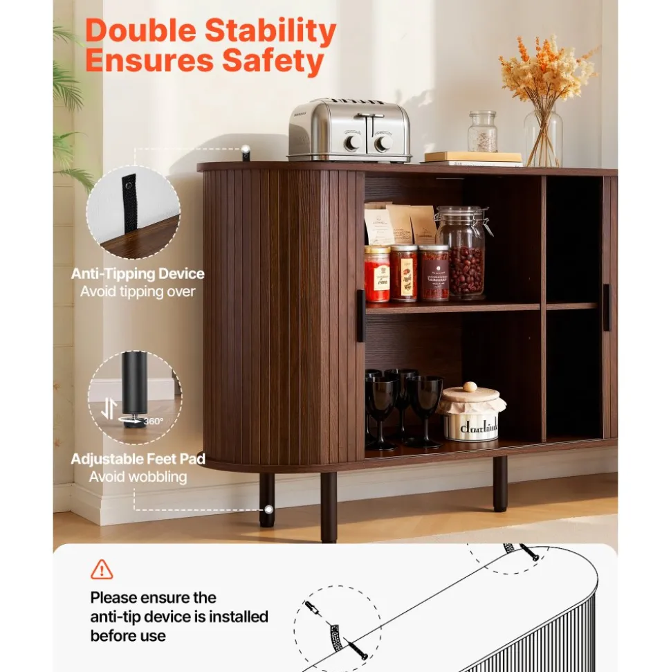 VEVOR Coffee Bar Cabinet, Mid Century Fluted Coffee Bar Table, Buffet Stand Cabinet with 2 Sliding Doors, Sideboard Buffet Station for Living Room, Entryway, Kitchen, 55.1 x 15.7 x 29.5 in, Walnut