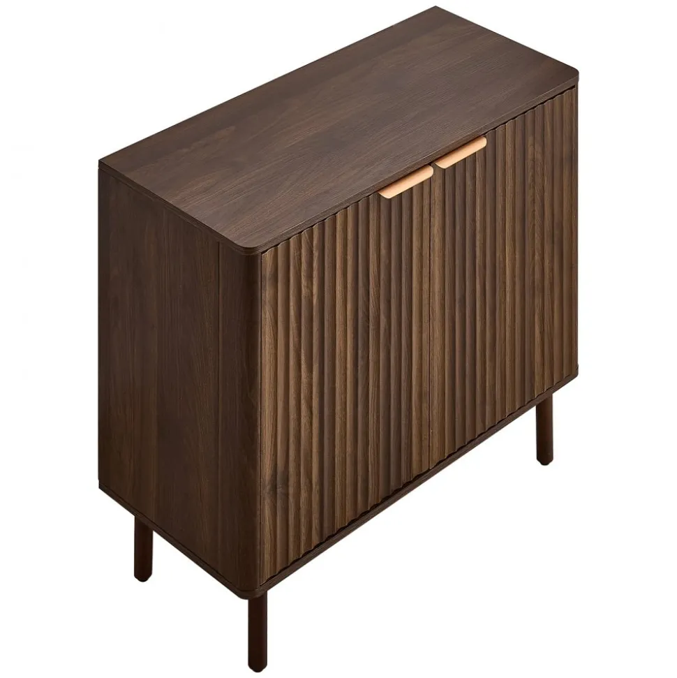 VEVOR Coffee Bar Cabinet, Mid Century Fluted Coffee Bar Table with 2-Tier Storage, Buffet Stand Cabinet with Barn Door, Sideboard Buffet Station for Living Room, Entryway, 31.5 x 14.7 x 31.5 in Walnut