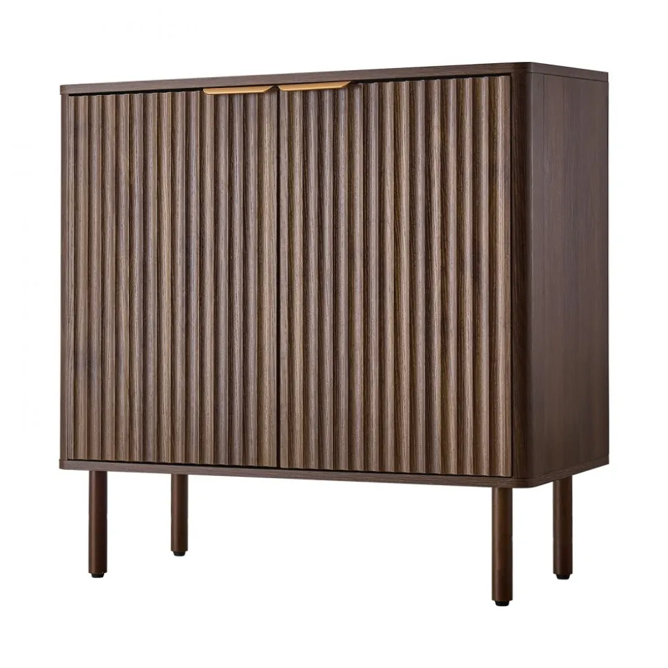 VEVOR Coffee Bar Cabinet, Mid Century Fluted Coffee Bar Table with 2-Tier Storage, Buffet Stand Cabinet with Barn Door, Sideboard Buffet Station for Living Room, Entryway, 31.5 x 14.7 x 31.5 in Walnut