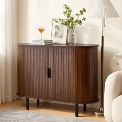VEVOR Coffee Bar Cabinet, Mid Century Fluted Coffee Bar Table, Buffet Stand Cabinet with 2 Sliding Doors, Sideboard Buffet Station for Living Room, Entryway, Kitchen, 39.3 x 15.7 x 29.5 in, Walnut