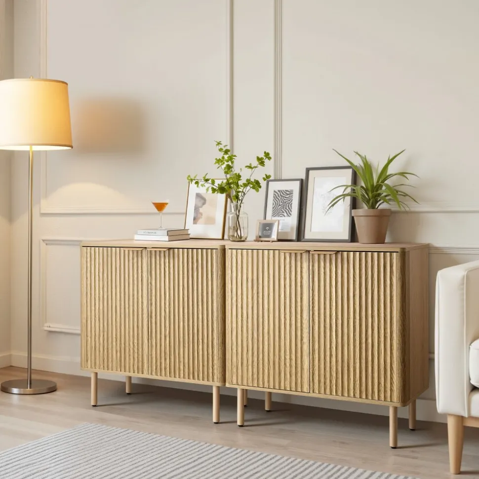 VEVOR Coffee Bar Cabinet, Mid Century Fluted Coffee Bar Table with 2-Tier Storage, Buffet Stand Cabinet with 4 Barn Doors, Sideboard Buffet Station for Living Room, Entryway, 31.5x14.7x31.5 in(Single)