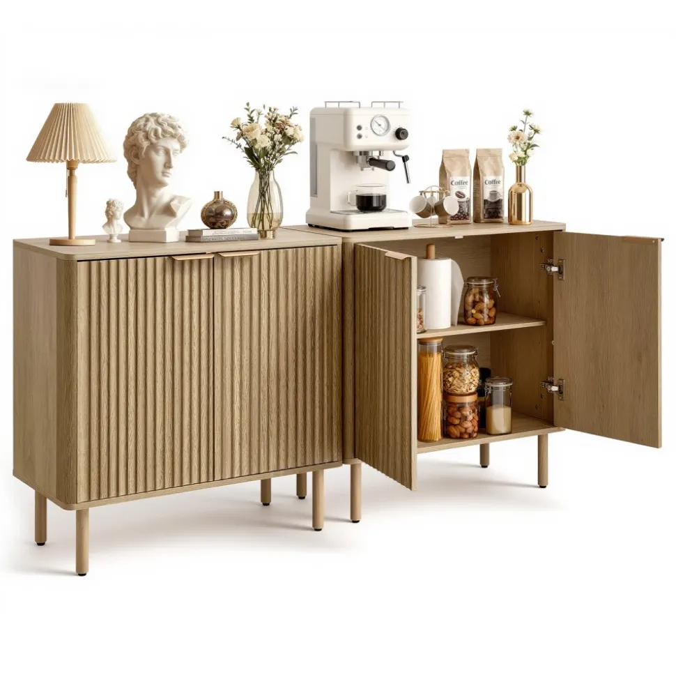 VEVOR Coffee Bar Cabinet, Mid Century Fluted Coffee Bar Table with 2-Tier Storage, Buffet Stand Cabinet with 4 Barn Doors, Sideboard Buffet Station for Living Room, Entryway, 31.5x14.7x31.5 in(Single)