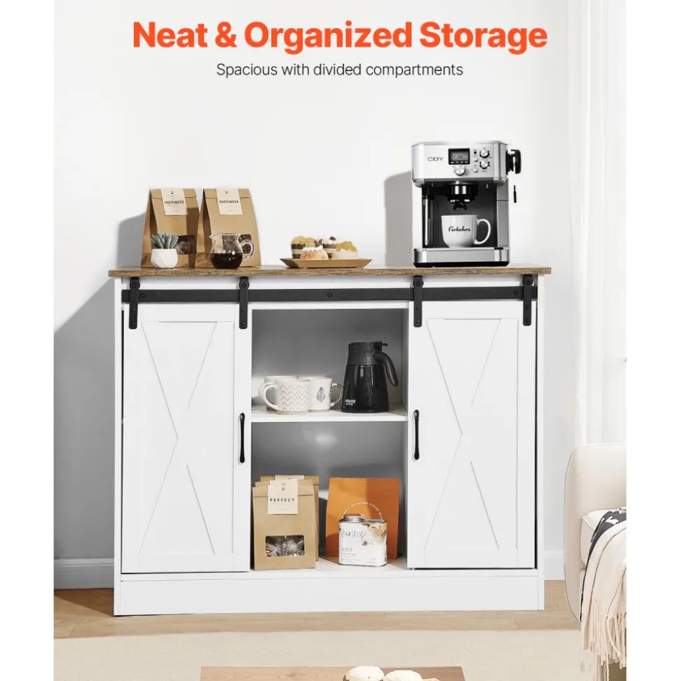VEVOR Coffee Bar Cabinet, 41.8 x 15.8 x 32.1 in Farmhouse Coffee Bar Cabinet with 3-Tier Storage, Coffee Bar Table with Barn Doors, Farmhouse Sideboard Buffet Cabinet for Living Room, Entryway