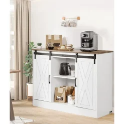 VEVOR Coffee Bar Cabinet, 41.8 x 15.8 x 32.1 in Farmhouse Coffee Bar Cabinet with 3-Tier Storage, Coffee Bar Table with Barn Doors, Farmhouse Sideboard Buffet Cabinet for Living Room, Entryway