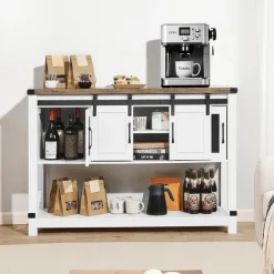 VEVOR Coffee Bar Cabinet, 47.3 x 15.7 x 32.7 in Farmhouse Coffee Bar Cabinet with 4-Tier Storage, Coffee Bar Table with Barn Doors, Farmhouse Sideboard Buffet Cabinet for Living Room, Entryway