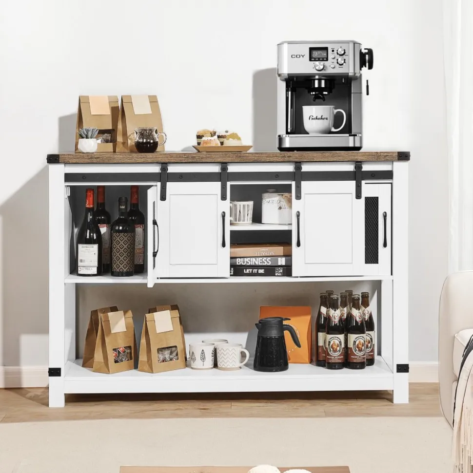 VEVOR Coffee Bar Cabinet, 47.3 x 15.7 x 32.7 in Farmhouse Coffee Bar Cabinet with 4-Tier Storage, Coffee Bar Table with Barn Doors, Farmhouse Sideboard Buffet Cabinet for Living Room, Entryway