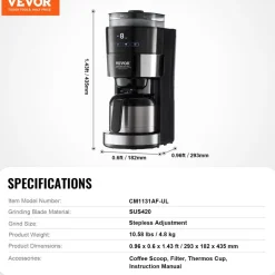 VEVOR Coffee Maker with Grinder, 8 Cup Programmable Coffee Machine, Grind and Brew Coffee Maker with 24-Hour Timer for Auto Brew, Reusable Filter, for Home Office Restaurant
