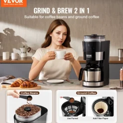 VEVOR Coffee Maker with Grinder, 8 Cup Programmable Coffee Machine, Grind and Brew Coffee Maker with 24-Hour Timer for Auto Brew, Reusable Filter, for Home Office Restaurant
