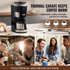 VEVOR Coffee Maker with Grinder, 8 Cup Programmable Coffee Machine, Grind and Brew Coffee Maker with 24-Hour Timer for Auto Brew, Reusable Filter, for Home Office Restaurant