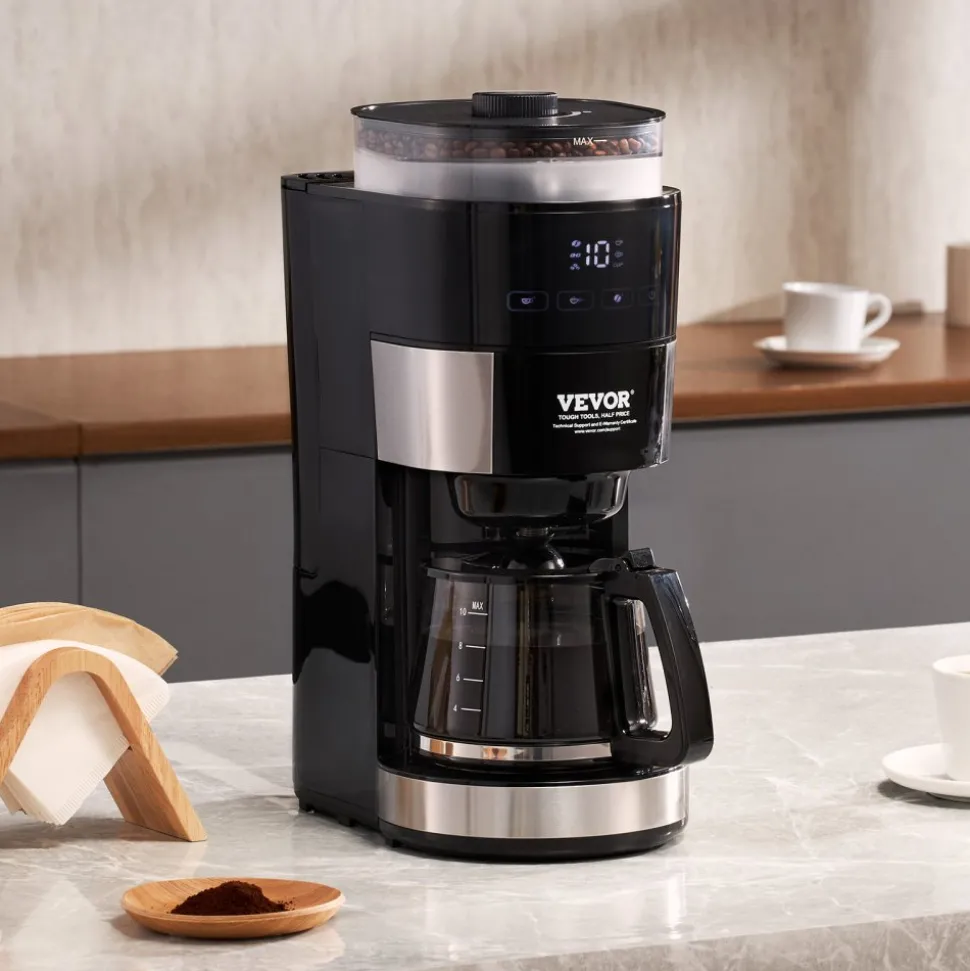 VEVOR Coffee Maker with Grinder, 10 Cup Coffee Machine, Grind and Brew Coffee Maker with 3 Brew Strength Control, Drip Coffee Maker with Adjustable Grinding Coarseness, for Home Office Restaurant