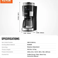 VEVOR Coffee Maker with Grinder, 10 Cup Coffee Machine, Grind and Brew Coffee Maker with 3 Brew Strength Control, Drip Coffee Maker with Adjustable Grinding Coarseness, for Home Office Restaurant