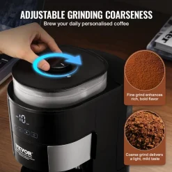 VEVOR Coffee Maker with Grinder, 10 Cup Coffee Machine, Grind and Brew Coffee Maker with 3 Brew Strength Control, Drip Coffee Maker with Adjustable Grinding Coarseness, for Home Office Restaurant