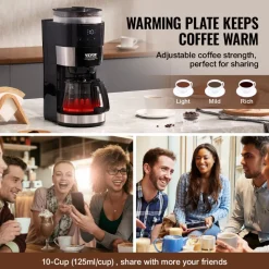 VEVOR Coffee Maker with Grinder, 10 Cup Coffee Machine, Grind and Brew Coffee Maker with 3 Brew Strength Control, Drip Coffee Maker with Adjustable Grinding Coarseness, for Home Office Restaurant
