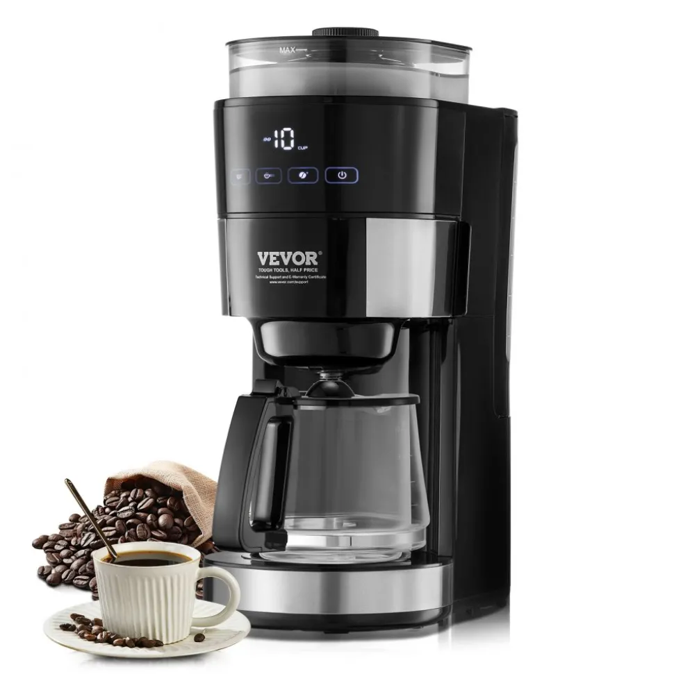 VEVOR Coffee Maker with Grinder, 10 Cup Coffee Machine, Grind and Brew Coffee Maker with 3 Brew Strength Control, Drip Coffee Maker with Adjustable Grinding Coarseness, for Home Office Restaurant