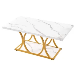 VEVOR Coffee Table, Modern Faux Marble Coffee Table, Large 2-Tier Rectangle Center Desk with Geometric Legs, Minimalist Sturdy Metal Frame Accent End Desk for Living Room, Office, Easy Assembly, White