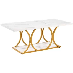 VEVOR Coffee Table, Modern Faux Marble Coffee Table, Large 2-Tier Rectangle Center Desk with Geometric Legs, Minimalist Sturdy Metal Frame Accent End Desk for Living Room, Office, Easy Assembly, White