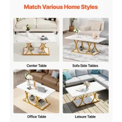 VEVOR Coffee Table, Modern Faux Marble Coffee Table, Large 2-Tier Rectangle Center Desk with Geometric Legs, Minimalist Sturdy Metal Frame Accent End Desk for Living Room, Office, Easy Assembly, White