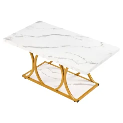 VEVOR Coffee Table, Modern Faux Marble Coffee Table, Large 2-Tier Rectangle Center Desk with Geometric Legs, Minimalist Sturdy Metal Frame Accent End Desk for Living Room, Office, Easy Assembly, White