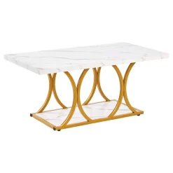 VEVOR Coffee Table, Modern Faux Marble Coffee Table, 2-Tier Rectangle Center Desk with Geometric Legs, Minimalist Sturdy Metal Frame Accent End Desk for Living Room, Office, Easy Assembly, White