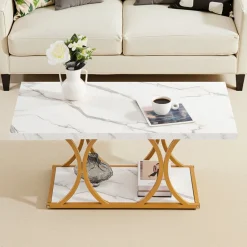 VEVOR Coffee Table, Modern Faux Marble Coffee Table, 2-Tier Rectangle Center Desk with Geometric Legs, Minimalist Sturdy Metal Frame Accent End Desk for Living Room, Office, Easy Assembly, White