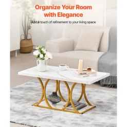 VEVOR Coffee Table, Modern Faux Marble Coffee Table, 2-Tier Rectangle Center Desk with Geometric Legs, Minimalist Sturdy Metal Frame Accent End Desk for Living Room, Office, Easy Assembly, White