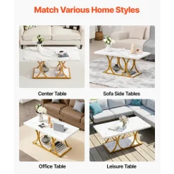 VEVOR Coffee Table, Modern Faux Marble Coffee Table, 2-Tier Rectangle Center Desk with Geometric Legs, Minimalist Sturdy Metal Frame Accent End Desk for Living Room, Office, Easy Assembly, White
