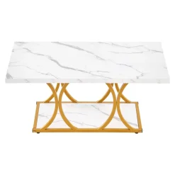 VEVOR Coffee Table, Modern Faux Marble Coffee Table, 2-Tier Rectangle Center Desk with Geometric Legs, Minimalist Sturdy Metal Frame Accent End Desk for Living Room, Office, Easy Assembly, White