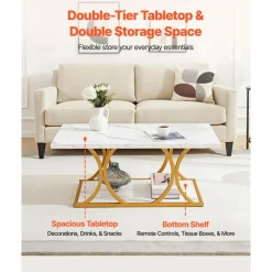 VEVOR Coffee Table, Modern Faux Marble Coffee Table, 2-Tier Rectangle Center Desk with Geometric Legs, Minimalist Sturdy Metal Frame Accent End Desk for Living Room, Office, Easy Assembly, White