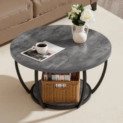 VEVOR Coffee Table, Modern Round Coffee Table, 2 Tiers Wooden Circle Center Desk with Open Storage, Minimalist Sturdy Metal Frame Accent End Desk for Living Room, Office, Easy Assembly, Grey