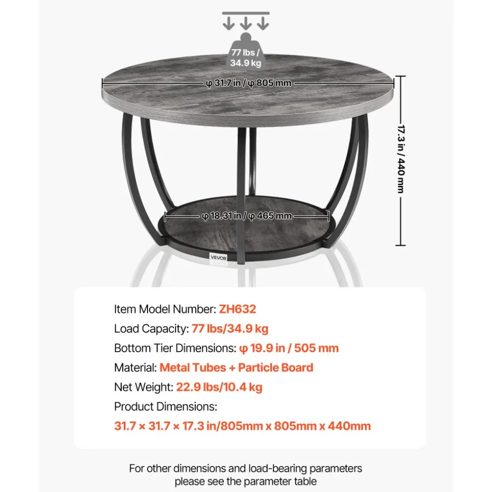 VEVOR Coffee Table, Modern Round Coffee Table, 2 Tiers Wooden Circle Center Desk with Open Storage, Minimalist Sturdy Metal Frame Accent End Desk for Living Room, Office, Easy Assembly, Grey