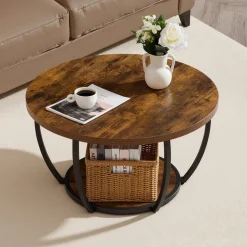 VEVOR Coffee Table, Modern Round Coffee Table, 2 Tiers Wooden Circle Center Desk with Open Storage, Minimalist Sturdy Metal Frame Accent End Desk for Living Room, Office, Easy Assembly, Rustic Brown
