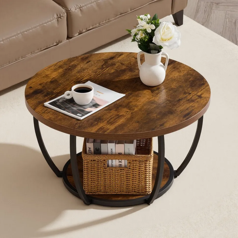 VEVOR Coffee Table, Modern Round Coffee Table, 2 Tiers Wooden Circle Center Desk with Open Storage, Minimalist Sturdy Metal Frame Accent End Desk for Living Room, Office, Easy Assembly, Rustic Brown