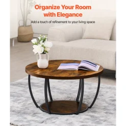 VEVOR Coffee Table, Modern Round Coffee Table, 2 Tiers Wooden Circle Center Desk with Open Storage, Minimalist Sturdy Metal Frame Accent End Desk for Living Room, Office, Easy Assembly, Rustic Brown