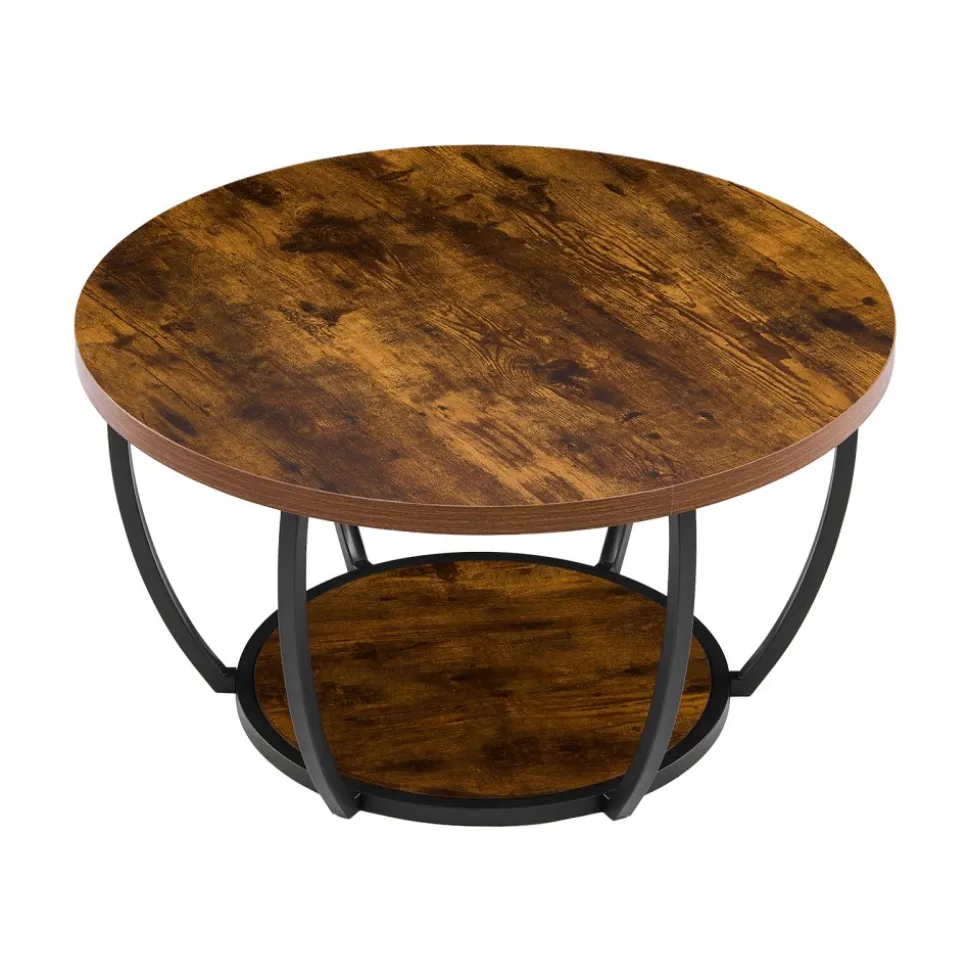 VEVOR Coffee Table, Modern Round Coffee Table, 2 Tiers Wooden Circle Center Desk with Open Storage, Minimalist Sturdy Metal Frame Accent End Desk for Living Room, Office, Easy Assembly, Rustic Brown